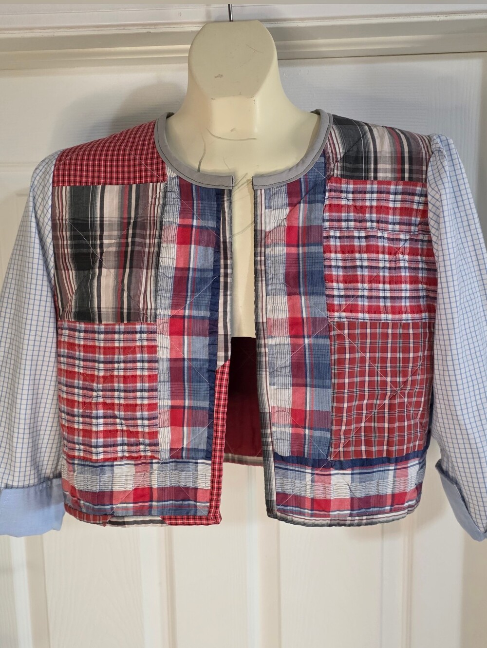 Patchwork Quilted Jacket - Red/Blue Plaid